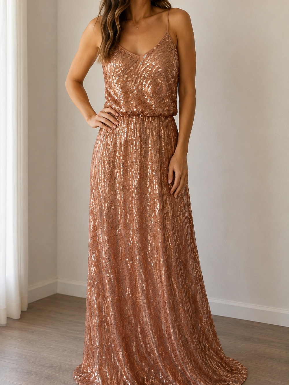 Donna Morgan Collection Rose Gold Sequin Maxi Dress – Size 2